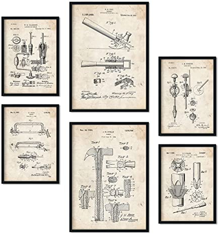 Nacnic Set von 6 Plakaten mit Bauwerkzeuge 2. Patenten. Plakate mit Retro-Patentabbildungen. Inneneinrichtung im Vintage-Stil. Grösse A4 und A3. Ohne Rahmen.
