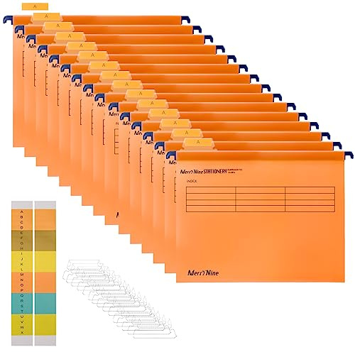 MerryNine A4-Hängemappen, Polypropylen, mit Registerkarten und Karteneinsätzen, für Schule, Zuhause, Arbeit, Büro, Organisation, 15 Stück (Orange)