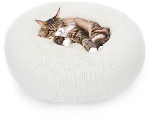 ALLSOPETS Beruhigendes Hundebett für Kleine und Mittelgroße Hunde Waschbares Donut-Katzenbett mit Rutschfester Unterseite Weiches Rundes Plüsch-Hundebett (Schneeweiß, 60cm)