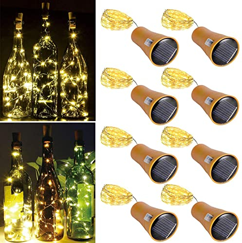 Heuluced Solar Wine Bottle Lights, 8 Pack 20 LED Waterproof Copper Cork Shaped Lights DIY Firefly String Lights for Wedding Party Outdoor, Holiday, Garden, Patio Pathway Decor (Warm White)