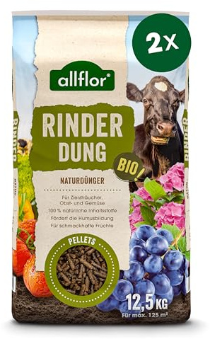 Allflor Rinderdung gekörnt - 2 x 12,5 Kg - Rinderdungpellets im Beutel - Wirtschaftsdünger von Rindern - Biologischer Gartendünger - Rindermist - Fördert die Humusbildung