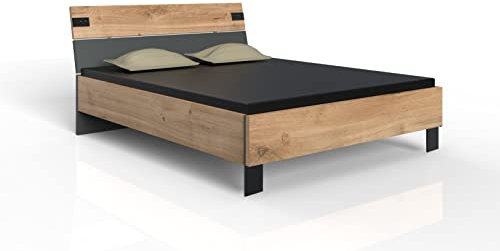 möbelando Bett Malmö aus Spanplatte in Plankeneiche-Nachbildung mit Absetzungen in Graphit. Abmessungen (B/H/T) 168x94x210 cm