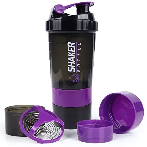 XSUPER Protein Shaker with 3-Compartment Storage - 16oz Twist-Off Cup for Supplements & Pills, Leak Proof Gym Sports Bottle,Purple