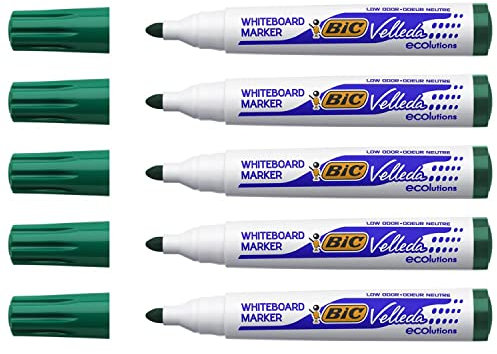 VELLEDA Lote de 5 rotuladores de pizarra blanca borrable en seco 1701 ECOLUTIONS punta redonda grande, verde