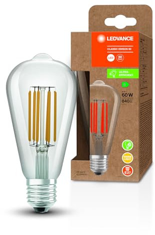 LEDVANCE LED Stromsparlampe, Filament Edison mit E27 Sockel, Warmweiß (3000K), 4 Watt, ersetzt herkömmliche 60W-Leuchtmittel, besonders hohe Energieeffizienz und stromsparend, 1er-Pack