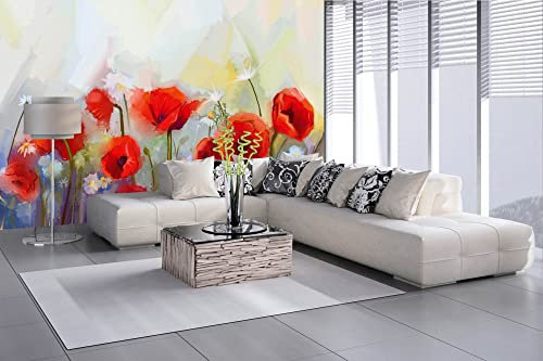 Vlies Fototapete ÖLGEMÄLDE ROTER MOHN 375 x 250 cm (inkl. Kleister) - Vlies Tapete, Wandtapete, Wandbilder - Tapete für Wohnzimmer Schlafzimmer, Büro, Küche - Montagefertig