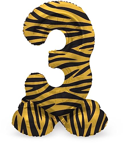 Folat 63953 Luftballon Geburtstag Stehender Ziffer Zahl 3 Tiger Chic Löwe Braun Schwarz 72 cm - Decoration Geburtstagdeko, Ballon Zahl, Kein Helium erforderlich