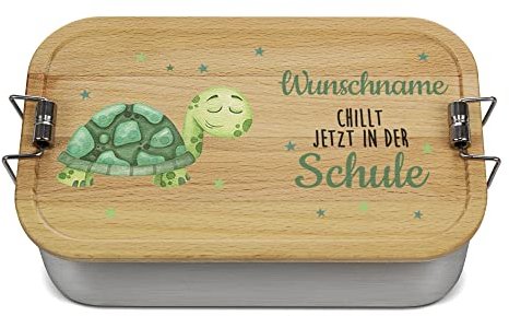 PR Print Royal Große Brotdose Bedrucken mit Spruch - Name chillt jetzt in der Schule - Geschenk zur Einschulung, personalisiertes Geschenk - Brotdose selbst gestalten, Holzdeckel, BPA-frei, 1000 ml