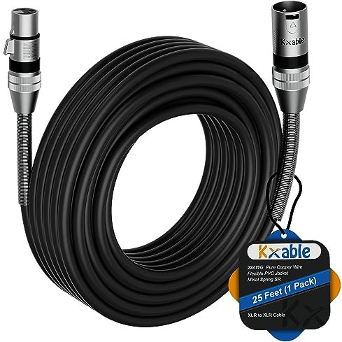 XLR Cable 25 Feet, 22AWG, Zinc Alloy Shells, XLR Male to Female Heavy Duty Cable, 3 Pin Balanced Shielded Microphone Cord, Durable & Flexible Patch XLR Cable, Metal Spring SR-Black
