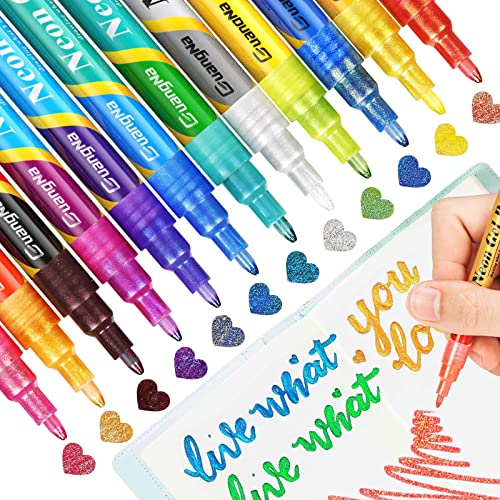 LUZOON Super Metallic Stifte, 12 Farben Glitzerstifte Neon Gel Pen Glitter Acrylstifte für Weißes Papier, Grußkarten, Bullet Journal, DIY Fotoalbum, Gästebuch, Scrapbook-1mm Spitze Fein