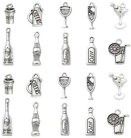 DanLingJewelry 100Pcs 10 Styles Antique Silver Drink Charms Wine Bottle Cocktail Juice Coffee Beer Charms for DIY Necklace Bracelet