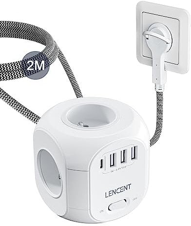 LENCENT Cube rallonge électrique multiprise 2M avec 4 Prises AC, 3 USB et 1 Type C, Fiche Plate, Protection Contre Les surtensions avec Interrupteur pour Cuisine, Bureau, Tressé Câble