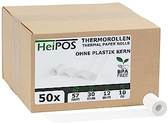 HeiGroup - HeiPOS 50x Thermorollen ohne Plastikkern - 57mm x 10m, Rollen Ø 30mm, Kern Ø 12mm, Flächengewicht 52 g/m2, Dicke 60 µm, 10 Jahre Haltbarkeit