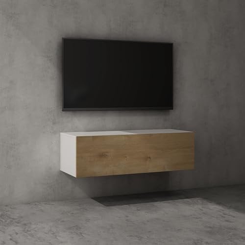 doporro Meuble TV Bas 100x40,2x30cm Armoire TV Blanc Mat + Marron Clair Table de Télévision Salon avec Porte Meuble TV Suspendu MBTV02
