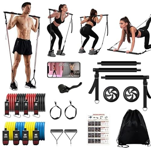 Ultimatives Pilates-Bar-Set, tragbares Trainingsgerät für Zuhause, 8 Widerstandsbänder mit Bauchmuskeln, Kniebeugen für Oberschenkel und Hüfte, Schwarz (108,9 kg)