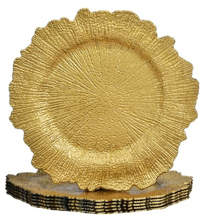 ALINK Platos de arrecife de oro, 33 cm, cargador de plástico para bodas, Navidad y fiestas, 6 unidades