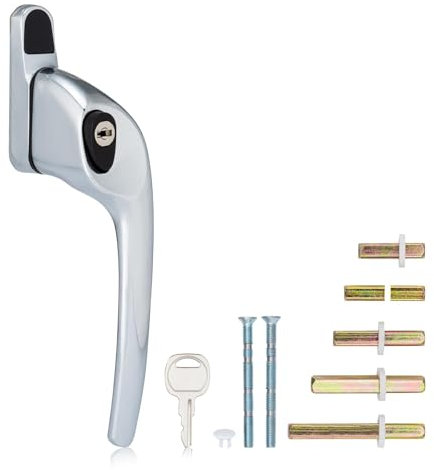 XFORT Cranked Locking Window Handle Installation Kit in Polished Chrome, Right Hand UPVC Window Handle Replacement, Offset Lockable Window Lever