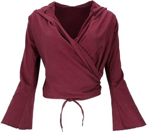 GURU SHOP Wickelshirt, Yogashirt, Langarmshirt mit Trompetenärmeln - Weinrot, Damen, Baumwolle, Size:M