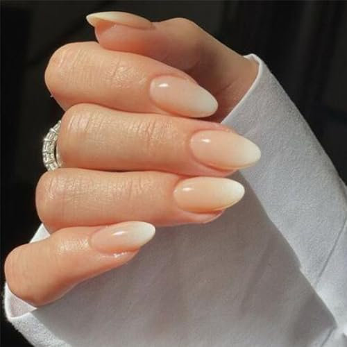 24 Stück Press on Nails - Gradient Weiß French Künstliche Nägel Motiv - Oval Fingernägel Fake Nails Kurz für Frauen (Gradient Weiß & Rosa)