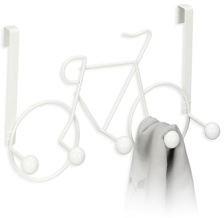 Relaxdays Kleiderhaken im Fahrrad-Design, 5 Haken Flurgarderobe, Türgarderobe zum Einhängen, Metall Türhakenleiste, weiß