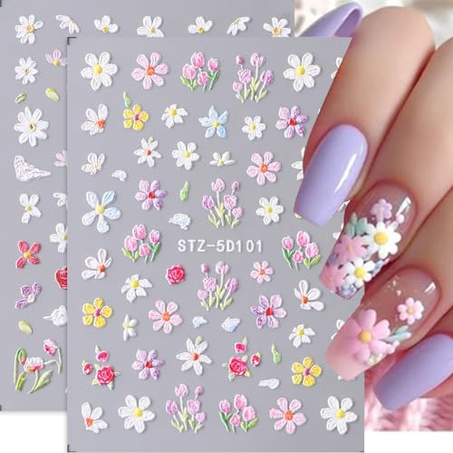 Nagelsticker Selbstklebend, 5D Blumen Nail Art Stickers Rosa Weiß Wildblumen Frühling Blumen Nagel Aufkleber Sticker 3D Nail Nageldesign DIY Maniküre Dekoration(2Blatt)