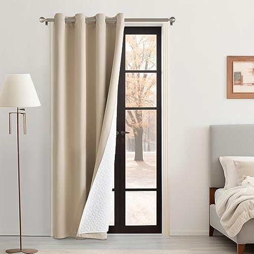 MIULEE Extra Thick Thermal Curtains Eyelet, Insulated Curtains with Quilted Lining for Winter, 1 Panel Heavy Curtain for Bedroom Living Room Doorways, Beige Draft Excluder Curtain for Doors 52x 96