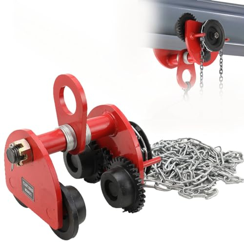 CDZHLTG Rollfahrwerk 2000 kg Flanschbereich 80-168 mm Krankatze Laufkatze Handfahrwerk für Kran mit 3 Meter Kette, Rot