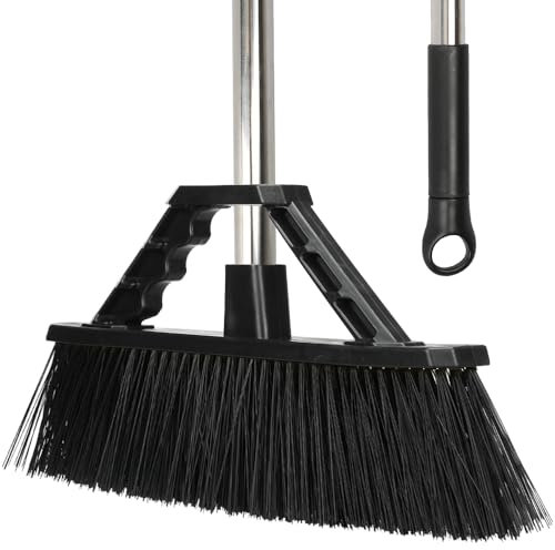 Heavy Duty 17.3 inch Broom with Stiff Bristles, Long Handle Outdoor Broom for Floor, Garage, Deck, Driveway, Yard, Patio, Warehouse (Black)
