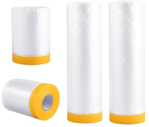 Carehabi Lot de 6 rouleaux film de protection peinture avec ruban adhésif, 1 x 150 cm x 20 m + 1 x 270 cm x 20 m + 2 x 55 cm x 25 m film de Masquage pour travaux de peinture