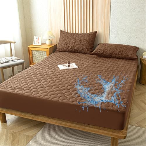 Odot Gesteppte Spannbettlaken Wasserdicht Weicher Verdickter Matratzenschoner Rutschfester Doppeltes Einzelbett bettspanntuch Topper-Overlays Spannbetttücher, Einfarbig (Braun,100x200+28cm)