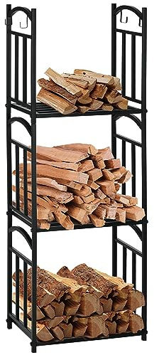 Outsunny Range bûches Porte-bûches range rack à bûches pour bois de cheminée modulable avec 4 crochets, dim. 46 x 32 x 126 cm métal époxy noir