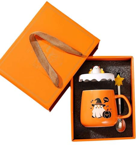 Tazze di zucca di Halloween, graziose tazze in ceramica con zucca fantasma con coperchio e cucchiaio, tazza da caffè a tema Halloween con confezione regalo, tazze da caffè di Halloween, regalo per