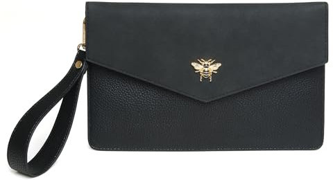 Alice Wheeler Faux Leather Bee Clutch Envelope Evening Bag with detachable wrist strap (Black)