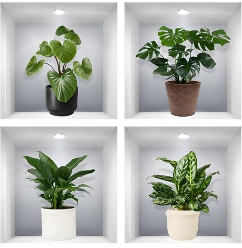 4 adesivi da parete a forma di pianta, adesivi da parete 3D, in vinile, rimovibili, fai da te, per camera da letto, cucina, bagno, decorazione da parete (C)