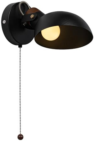 Aisilan Black Wall Lights with Pull Cord Switch, Vintage Rotatable Wall Light Indoor with E14, Metal and Wood Adjustable Wall Sconce for Bedroom Bedside and Living Room (No Bulb)