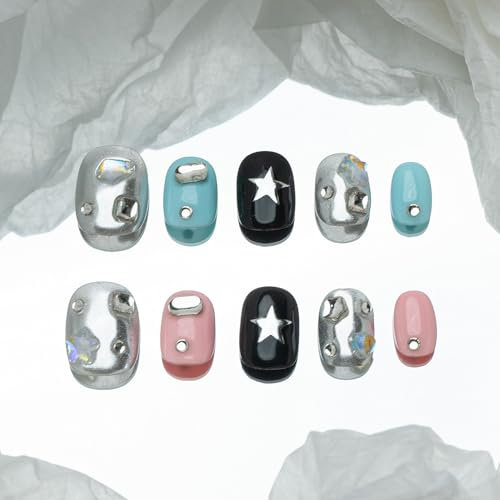Sun&Beam Nails Handmade Press-on Short Squoval Round Blue Pink Black Silver Star Rhinestone Y2K Design Fashion False Nail Tips 10 Pcs Set (#205 XS)