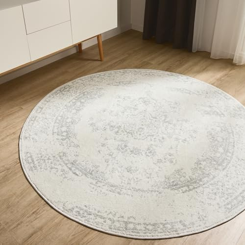benuta Basic Teppich Sia - Creme/Taupe 120 cm Rund - Kunstfaser - Rund & im Style: Vintage, Boho-Style, Retro - Pflegeleicht für Wohnzimmer Schlafzimmer