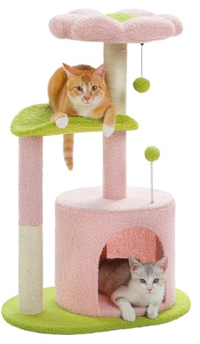 PETEPELA Small Cat Tree 84cm Modern Scratching Post for Small to Medium Size Cats Cat Tree with Plush Cave Bobble Ball Sisal Rope Scratching Post Pink