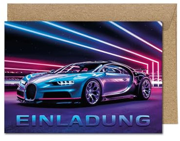 JuNa-Experten 12 Einladungskarten incl. 12 Umschläge zum Kindergeburtstag Jungen Rennauto Auto coole bunte Einladungen Geburtstag Kinder Jungsgeburtstag Rennwagen Kinderparty Geburtstagseinladungen