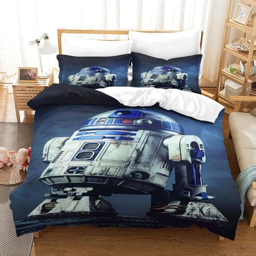 EVMILA Star Wars 3D Gedruckter R2-D2 Bettbezug Set Mädchen Junge Kinder Bettwäschegarnitur Und Kissenbezüge Reissverschluss Weich Microfaser Bettwäsche 3 Teilig Single(140x200cm)