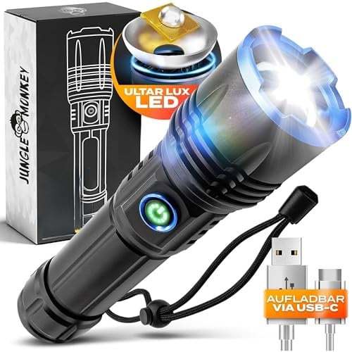 JM Expert® - Taschenlampe ULTRALUX LED aufladbar mit USB-C extrem Hell, wiederaufladbar - Outdoor, Wandern, Camping taktische Handlampe - Akku-Flashlight wasserdicht, batteriebetrieben (16,5cm klein)