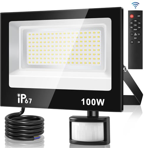 URTBST 100W Projecteur Led Exterieur Detecteur de Mouvement et Télécommande,Réglables 10 luminosité Spot LED Extérieur,10000LM,7000K Blanc Froid IP67 Etanche Eclairage Exterieur pour Jardin,Garage