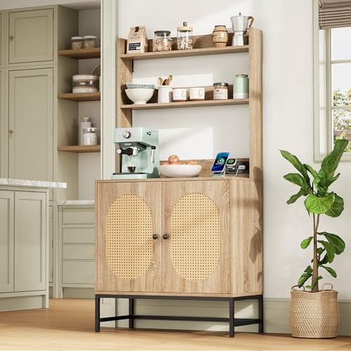 Merax Küchenbuffet Buffetschrank, Küchenschrank mit Arbeitsplatte, Mehrzweckschrank mit USB & 220V Steckdose, Schrank Freistehend, Rattan-Doppeltür, Weiß