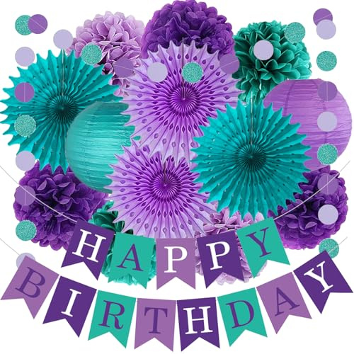 Meerjungfrau Geburtstag Deko Lila Lavendel Party Dekorationen Lila Matt Blaugrün Papierfächer Laternen Papier Pom Poms Kreis Punkt Girlanden für Meerjungfrau Geburtstag Mädchen Babyparty Party Deko