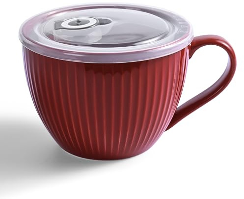 Hoilse Ceramic Soup Bowl with Handle – Large 680ml Microwave Soup Mug with Lid, Soup Container & Cup for Ramen, Porridge,Meal Prep, Breakfast,Ideal Housewarming Gifts (Red)