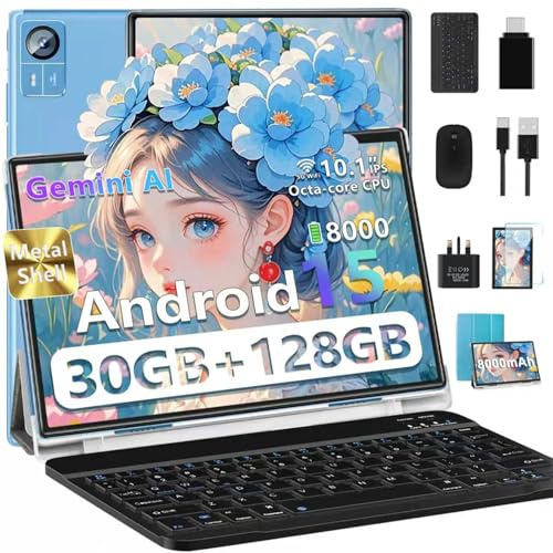 JVVQTB Tablet Android 15 Octa Core 10 Inch 30GB RAM + 128GB ROM (2TB TF) | 5G + 2.4G WiFi | 8000mAh | FHD | Bluetooth 5.0 | GPS | 8MP + 5MP | Type C, Keyboard and Mouse - Blue