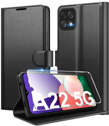 Eirltiy Coque pour Samsung Galaxy A22 5G en Premium Cuir PU, Portefeuille Housse Etui pour Cartes Protection Anti-Choc Flip Case avec 1 Verre Trempé Noir