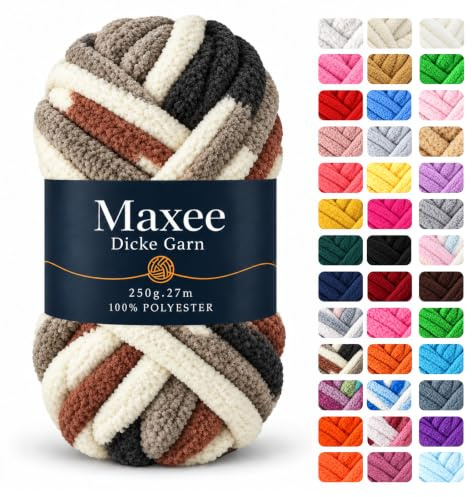 Maxee Dicke Wolle 250 g, XXL Chunky Garn zum Armstricken und Handstricken, weiches Roving-Garn zum Häkeln und Stricken für Decken, Kissen, Teppiche und Haustierbetten-38-Schwarz/Grau/Braun/Weiß