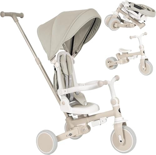 Olmitos EVOL Evolutionäres Babydreirad, 5-in-1, für Kinder von 1 bis 5 Jahren, vom Dreirad zum Fahrrad mit oder ohne Pedale – Rückenlehne, Sicherheitsbügel und Verdeck (Beige)