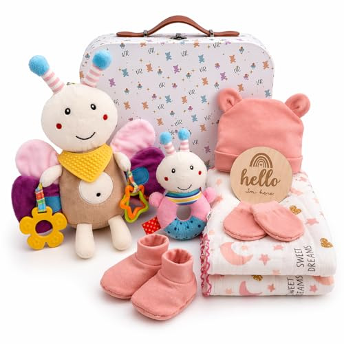Veviur – Baby Geschenkset Windeltorte – Neugeborenen Geschenkbox mit sensorischem Kuscheltier, passender Rassel & Babyzubehör – Ideales Geburtsgeschenk für Jungen und Mädchen